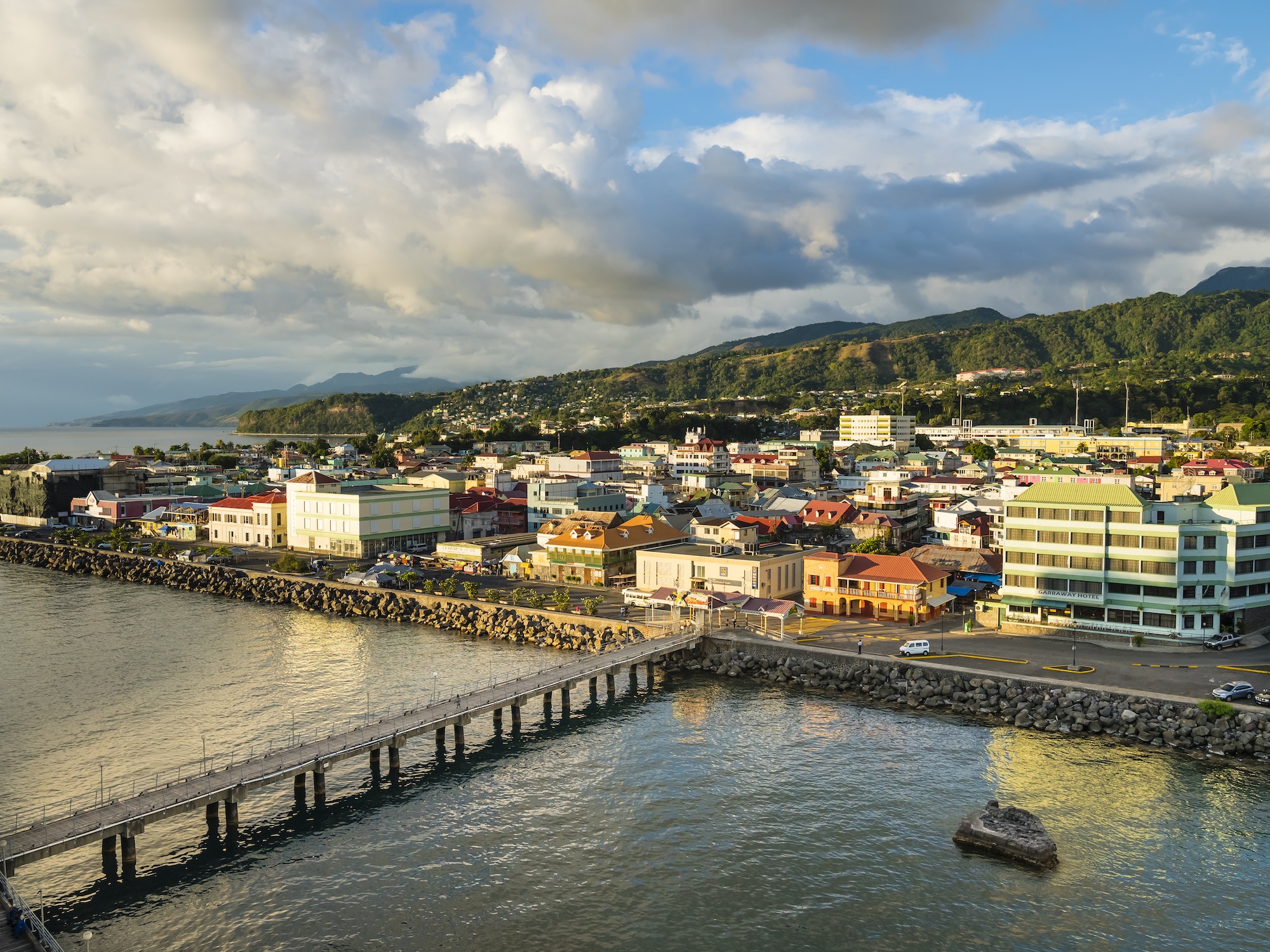 Caribbean, Antilles, Dominica, Roseau, View of the city at dusk